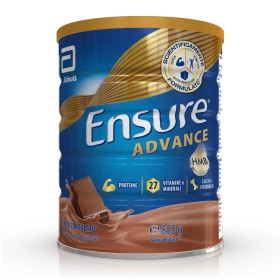 Barattolo Ensure Advance 850 g gusto cioccolato, integratore nutrizionale per forza ed energia.