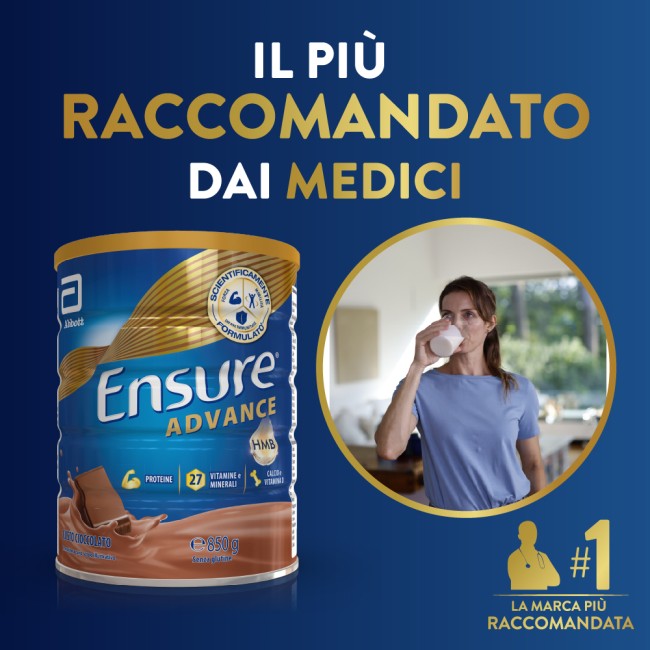 Barattolo Ensure Advance 850 g gusto cioccolato, integratore nutrizionale per forza ed energia.