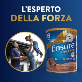 Barattolo Ensure Advance 850 g gusto cioccolato, integratore nutrizionale per forza ed energia.