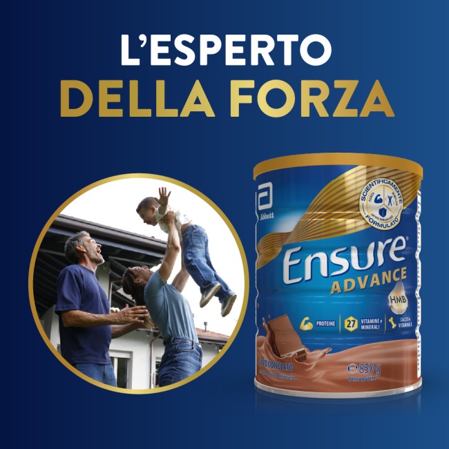 Barattolo Ensure Advance 850 g gusto cioccolato, integratore nutrizionale per forza ed energia.