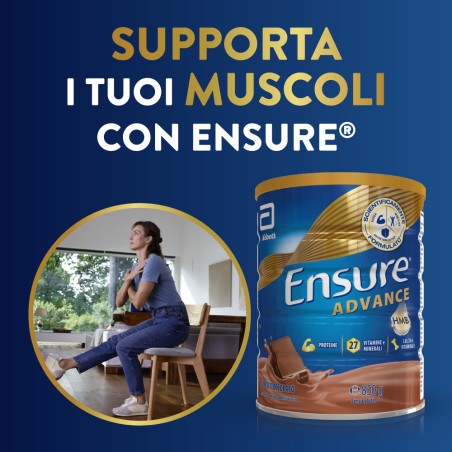 Barattolo Ensure Advance 850 g gusto cioccolato, integratore nutrizionale per forza ed energia.
