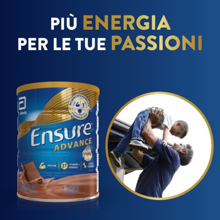 Barattolo Ensure Advance 850 g gusto cioccolato, integratore nutrizionale per forza ed energia.