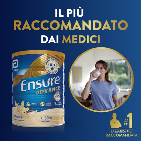 Barattolo Ensure Advance 850 g gusto vaniglia, integratore nutrizionale per forza ed energia.