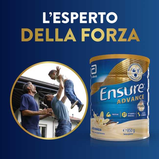 Barattolo Ensure Advance 850 g gusto vaniglia, integratore nutrizionale per forza ed energia.
