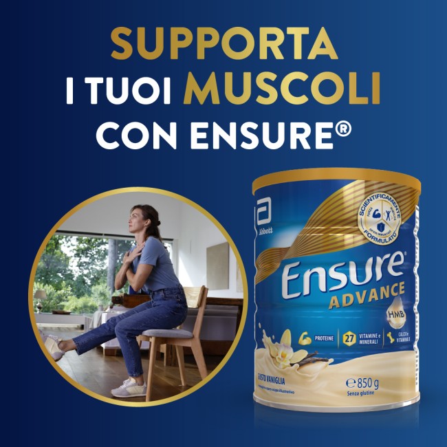 Barattolo Ensure Advance 850 g gusto vaniglia, integratore nutrizionale per forza ed energia.