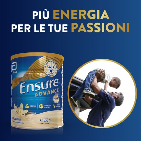 Barattolo Ensure Advance 850 g gusto vaniglia, integratore nutrizionale per forza ed energia.