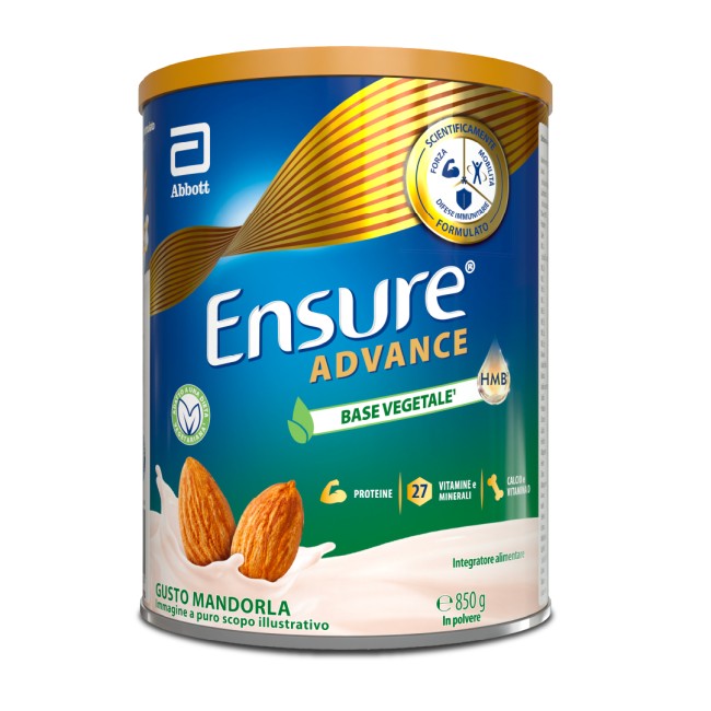 Barattolo Ensure Advance Vegetale 850 g gusto mandorla, integratore nutrizionale con proteine vegetali.