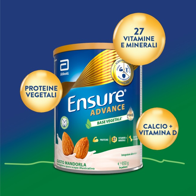 Barattolo Ensure Advance Vegetale 850 g gusto mandorla, integratore nutrizionale con proteine vegetali.