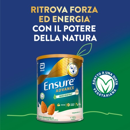 Barattolo Ensure Advance Vegetale 850 g gusto mandorla, integratore nutrizionale con proteine vegetali.