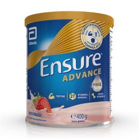 Barattolo Ensure Advance 400 g gusto fragola, integratore nutrizionale per forza ed energia.