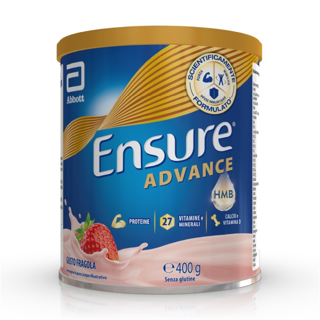 Barattolo Ensure Advance 400 g gusto fragola, integratore nutrizionale per forza ed energia.