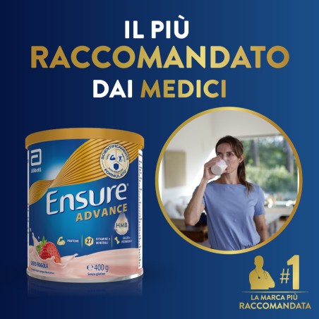 Barattolo Ensure Advance 400 g gusto fragola, integratore nutrizionale per forza ed energia.