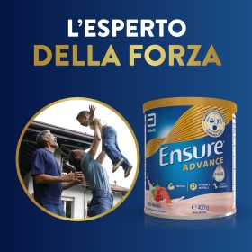 Barattolo Ensure Advance 400 g gusto fragola, integratore nutrizionale per forza ed energia.
