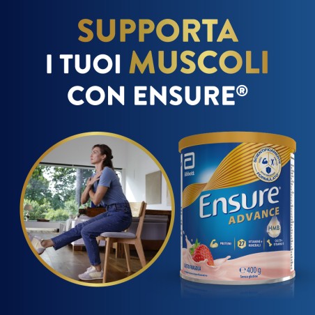 Barattolo Ensure Advance 400 g gusto fragola, integratore nutrizionale per forza ed energia.