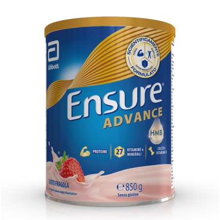 Barattolo Ensure Advance 850 g gusto fragola, integratore nutrizionale per forza ed energia.