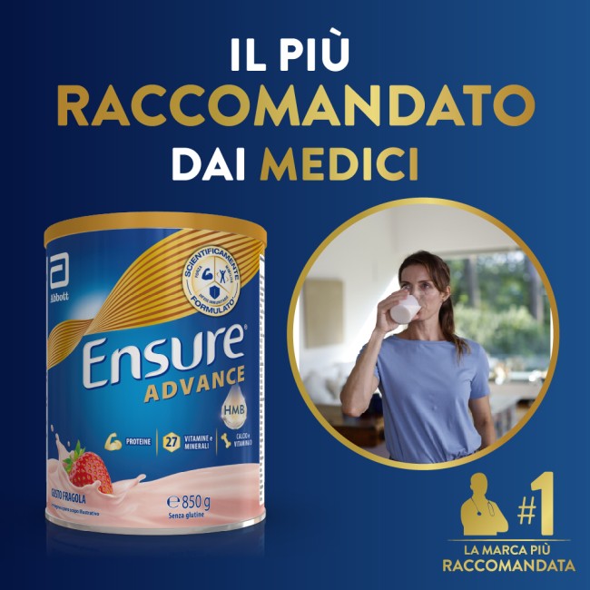 Barattolo Ensure Advance 850 g gusto fragola, integratore nutrizionale per forza ed energia.