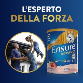 Barattolo Ensure Advance 850 g gusto fragola, integratore nutrizionale per forza ed energia.
