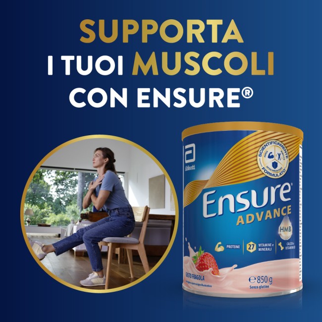Barattolo Ensure Advance 850 g gusto fragola, integratore nutrizionale per forza ed energia.