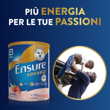Barattolo Ensure Advance 850 g gusto fragola, integratore nutrizionale per forza ed energia.