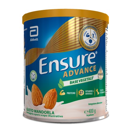 Barattolo Ensure Advance Vegetale 400 g gusto mandorla, integratore nutrizionale con proteine vegetali.