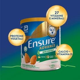 Barattolo Ensure Advance Vegetale 400 g gusto mandorla, integratore nutrizionale con proteine vegetali.