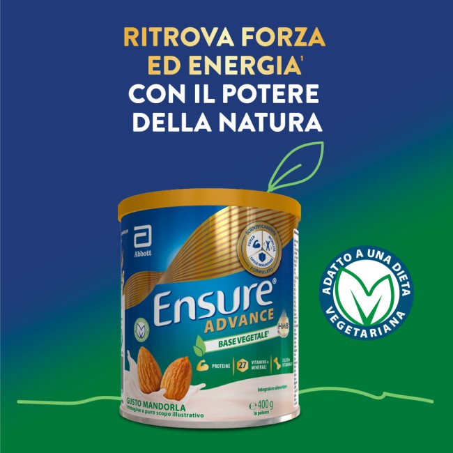 Barattolo Ensure Advance Vegetale 400 g gusto mandorla, integratore nutrizionale con proteine vegetali.