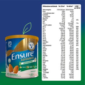 Barattolo Ensure Advance Vegetale 400 g gusto mandorla, integratore nutrizionale con proteine vegetali.