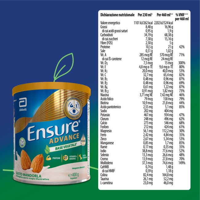 Barattolo Ensure Advance Vegetale 400 g gusto mandorla, integratore nutrizionale con proteine vegetali.