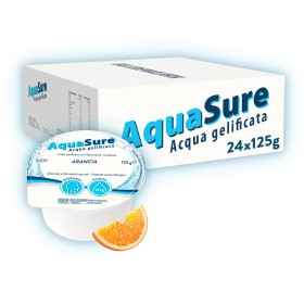Confezione da 24 vasetti da 125 g AquaSure gusto arancia, acqua gelificata pronta all’uso.
