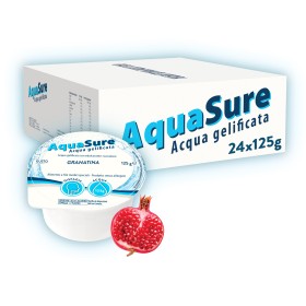 Confezione da 24 vasetti da 125 g AquaSure gusto granatina, acqua gelificata edulcorata pronta all’uso.