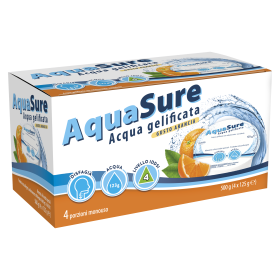 Confezione da 4 vasetti da 125 g AquaSure gusto arancia, acqua gelificata pronta all’uso.
