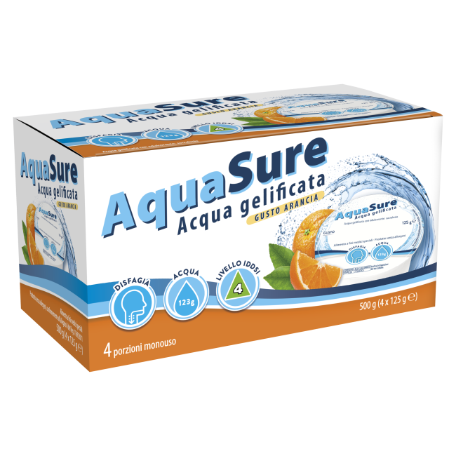 Confezione da 4 vasetti da 125 g AquaSure gusto arancia, acqua gelificata pronta all’uso.