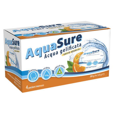 Confezione da 4 vasetti da 125 g AquaSure gusto arancia, acqua gelificata pronta all’uso.