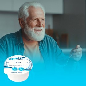 Confezione da 4 vasetti da 125 g AquaSure gusto arancia, acqua gelificata pronta all’uso.