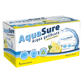 Confezione da 4 vasetti da 125 g AquaSure gusto limone, acqua gelificata pronta all’uso.
