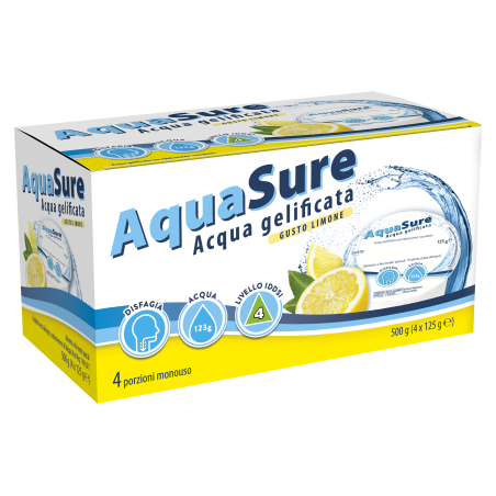 Confezione da 4 vasetti da 125 g AquaSure gusto limone, acqua gelificata pronta all’uso.