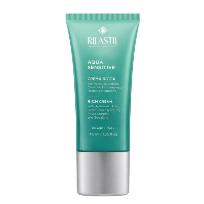 Rilastil Aqua Sensitive Crema Ricca idratante Tubetto da 40 ml per pelli secche, molto secche e sensibili.