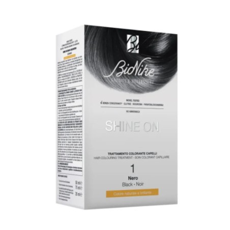 Confezione Bionike Shine On trattamento colorante capelli Nero 1 colorazione permanente delicata.