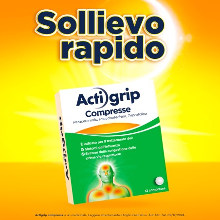 Confezione Actigrip 12 compresse per sintomi influenzali e raffreddore