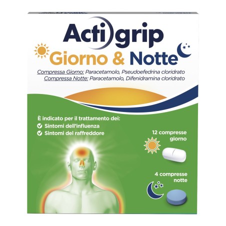 Actigrip Giorno & Notte 12 Compresse Giorno 500mg + 4 Compresse Notte 60mg. Doppia formula: attivo di giorno, riposato di notte