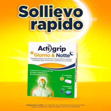 Actigrip Giorno & Notte 12 Compresse Giorno 500mg + 4 Compresse Notte 60mg. Doppia formula: attivo di giorno, riposato di notte