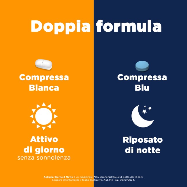 Actigrip Giorno & Notte 12 Compresse Giorno 500mg + 4 Compresse Notte 60mg. Doppia formula: attivo di giorno, riposato di notte