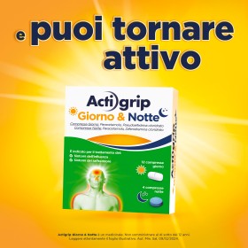 Actigrip Giorno & Notte 12 Compresse Giorno 500mg + 4 Compresse Notte 60mg. Doppia formula: attivo di giorno, riposato di notte