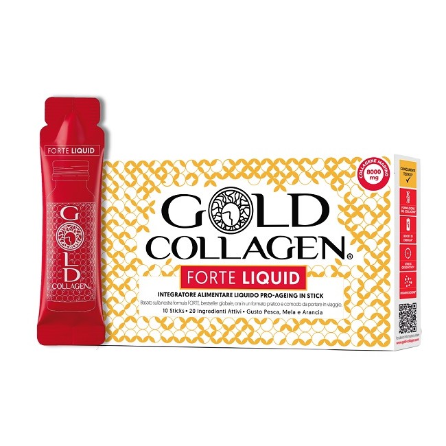 Minerva Research Labs Gold Collagen Forte Liquid 10 Sticks Da 25 Ml Gusto Pesca Mela E Arancia Con Edulcorante