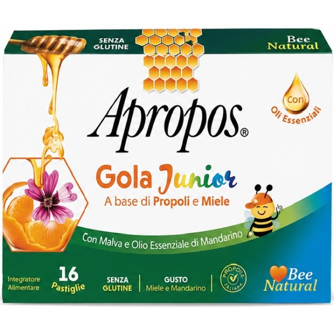 Apropos Gola Junior integratore in 16 pastiglie al gusto miele e mandarino, formulato per il benessere della gola. Apropos Gola Junior integratore in 16 pastiglie al gusto miele e mandarino, formulato per il benessere della gola.