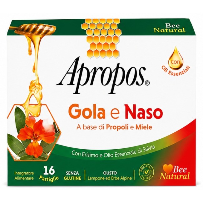 Apropos Gola e Naso integratore in 16 pastiglie al gusto lampone ed erbe alpine.