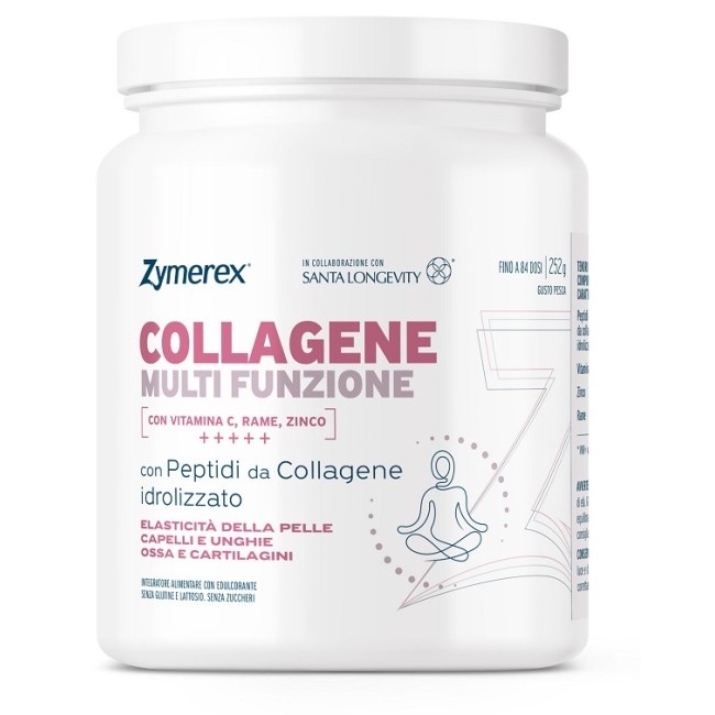 Zymerex Collagene Multifunzione 252 g gusto pesca, con collagene, vitamina C, zinco e rame per pelle, ossa e cartilagini.