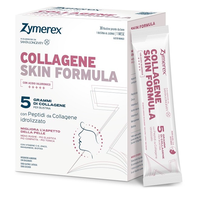 Zymerex Collagene Skin Formula in 30 bustine liquide al gusto mango con collagene, acido ialuronico, vitamine e minerali. Zymerex Collagene Skin Formula in 30 bustine liquide al gusto mango con collagene, acido ialuronico, vitamine e minerali.
