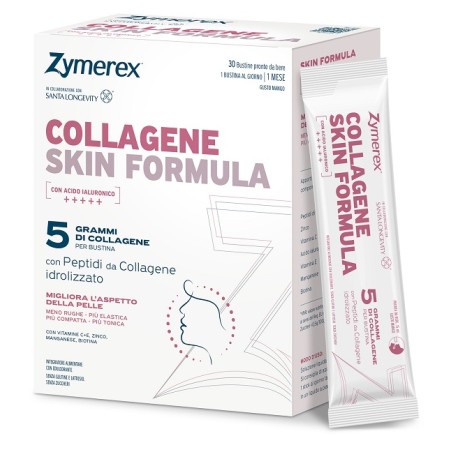 Zymerex Collagene Skin Formula in 30 bustine liquide al gusto mango con collagene, acido ialuronico, vitamine e minerali. Zymerex Collagene Skin Formula in 30 bustine liquide al gusto mango con collagene, acido ialuronico, vitamine e minerali.