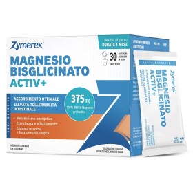 Zymerex Magnesio Bisglicinato Activ+, integratore di magnesio in 30 bustine da 5 g al gusto pesca.